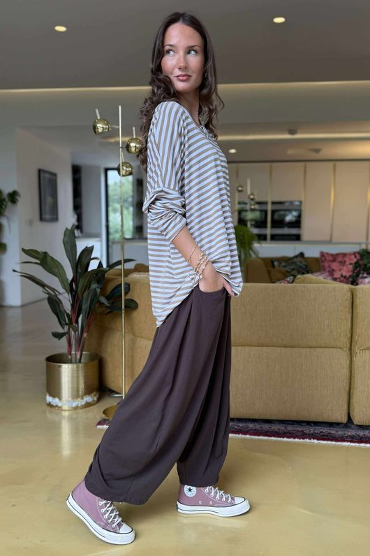 Made in Italy Perfect Breton V Long Sleeve Top Camel - **